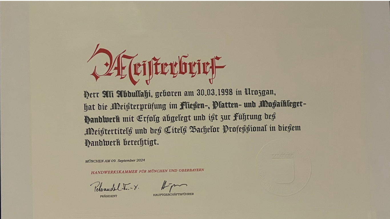 Meisterbrief von Ali Abdullahi